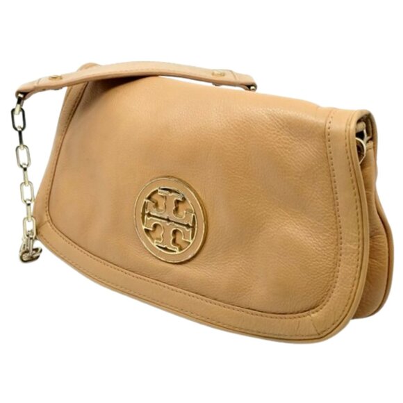 TORY BURCH~Amanda~FLAP GOLD CHAIN CROSSBODY CLUTCH BAG TAN PEBBLED LEATHER - Picture 2 of 7